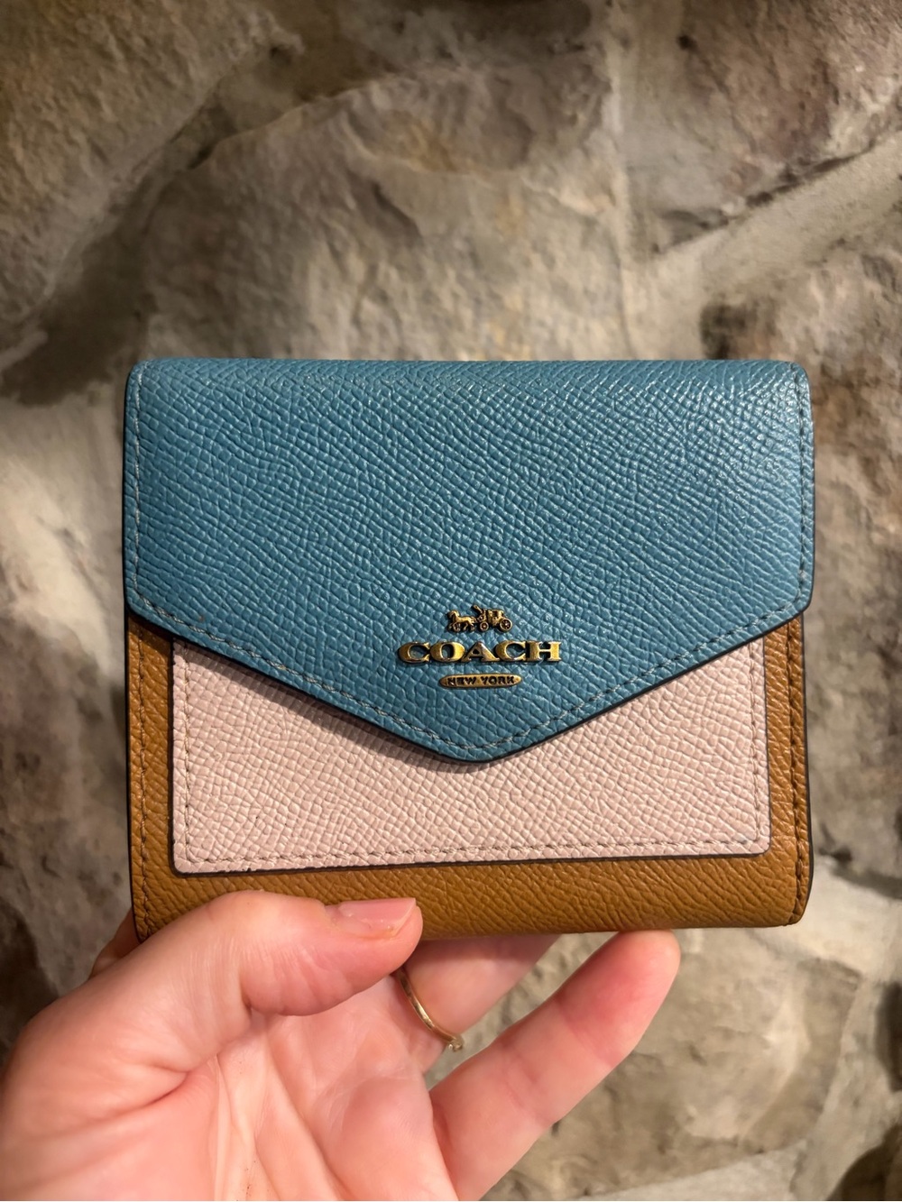 Coach Tricolor Pebbled Leather Compact Wallet - Blue, Pink & Tan